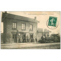 carte postale ancienne 60 SAINT-SANSON LA POTERIE. La Gare 1910 Pli coin gauche