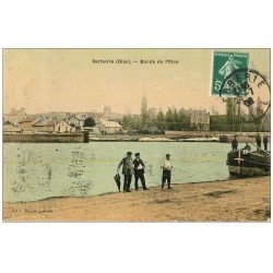 carte postale ancienne 60 VERBERIE. Péniche Bords de l'Oise 1908. Superbe Carte toilée