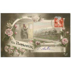 carte postale ancienne 61 AUBE. Fantaisie un Bonjour 1913. Train et compartiment