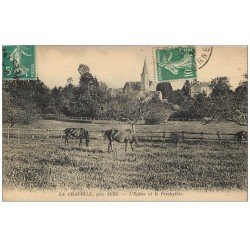 carte postale ancienne 61 LA CHAPELLE. Eglise et Presbytère 1912 avec Chevaux