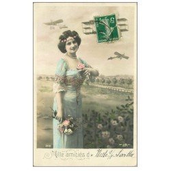 carte postale ancienne 61 LE MESLE-SUR-SARTHE. Superbe Femme et Aéroplanes 1912