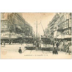 carte postale ancienne 13 MARSEILLE. La Cannebière ou Canebière. Policier, Tramways et Café Riche 1911