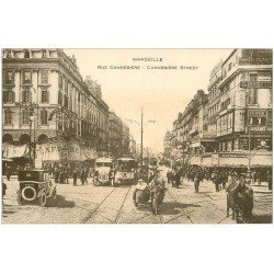 carte postale ancienne 13 MARSEILLE. La Cannebière. Side-Car et Tramways et Autobus