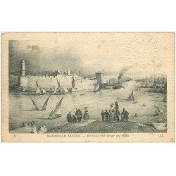 13 MARSEILLE. L'Entrée du Port avec barques de Pêcheurs en 1833. Carte papier velin style parchemin