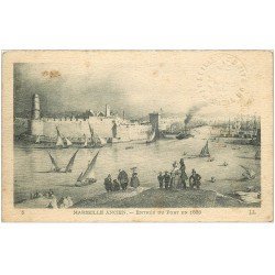 13 MARSEILLE. L'Entrée du Port avec barques de Pêcheurs en 1833. Carte papier velin style parchemin