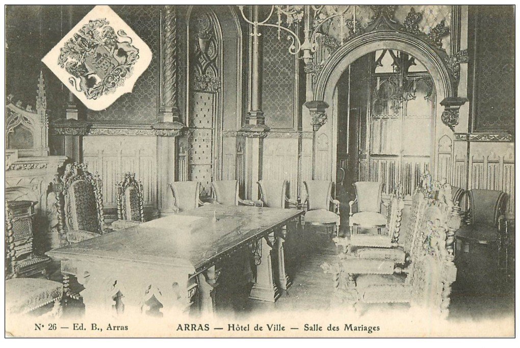 carte postale ancienne 62 ARRAS. Hôtel de Ville. Salle des Mariages et Armoiries