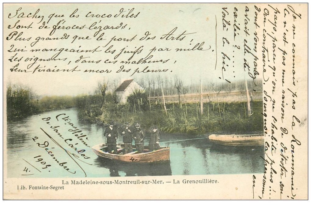 carte postale ancienne 62 LE MADELEINE-SOUS-MONTREUIL-SUR-MER. La Grenouillère avec Chasseurs de Canards 1905