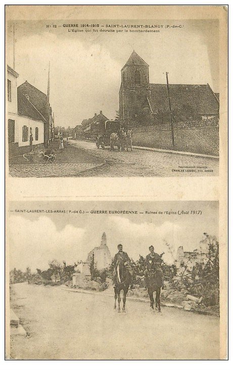 carte postale ancienne 62 SAINT-LAURENT-BLANGY. Eglise avant et après la Guerre 1920