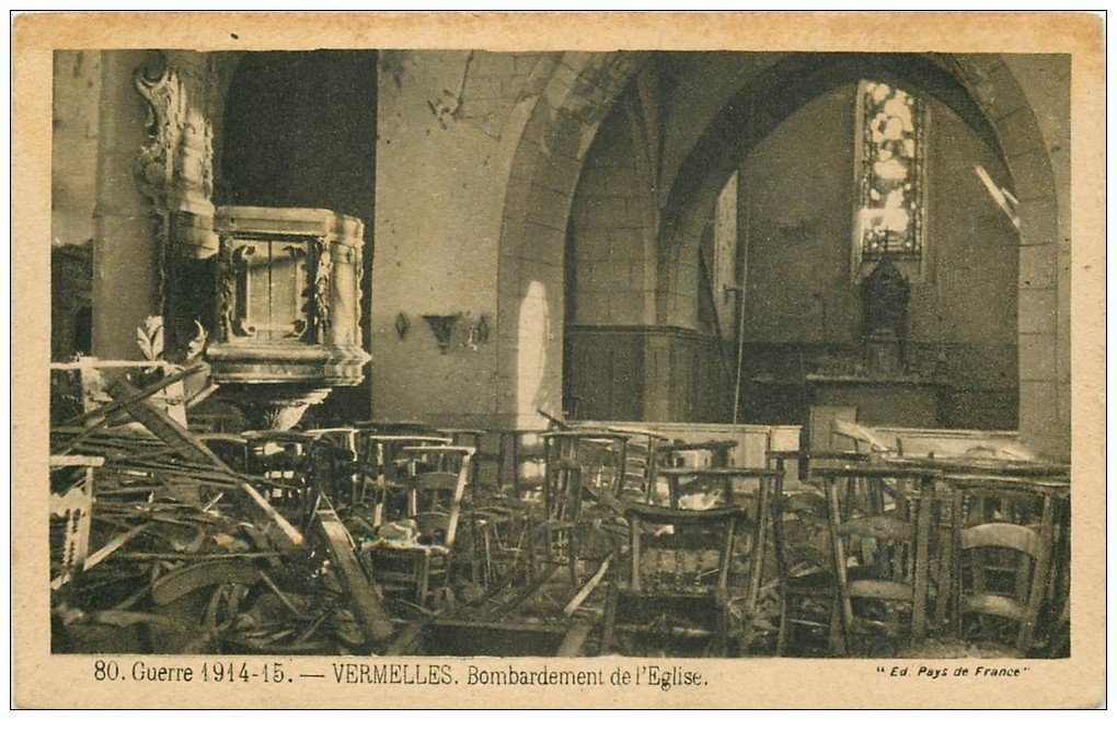 carte postale ancienne 62 VERMELLES. Guerre 1914. Bombardement de l'Eglise