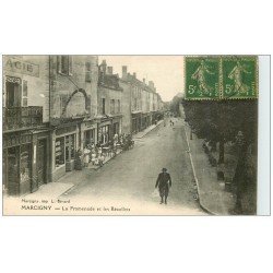 carte postale ancienne 71 MARCIGNY. Promenade et Récollets 1919 Marchand de journaux ambulant. Pharmacie et Bar Tabac