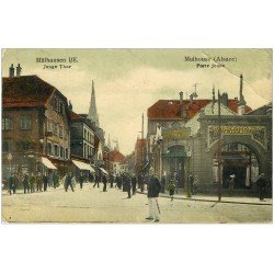 carte postale ancienne 68 MULHOUSE. Restaurant Iffrig Porte Jeune 1907. Carte laquée pli coin droit et timbre manquant