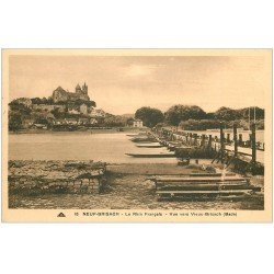 carte postale ancienne 68 NEUF-BRISACH. Un Pont de Bois construit sur des Barges ou Barques 1937
