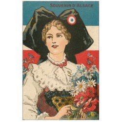 carte postale ancienne 67 SOUVENIR D'ALSACE. Superbe Alsacienne sur fond Tricolore