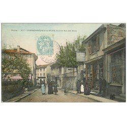 carte postale ancienne 69 CHARBONNIERES-LES-BAINS. La Grande Rue des Eaux 1905 Epicerie Charcuterie Paday et Cartes Postales