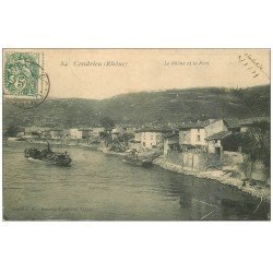 carte postale ancienne 69 CONDRIEU. Le Rhône et le Port 1907 (défaut)