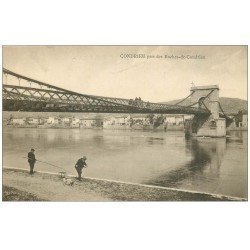 carte postale ancienne 69 CONDRIEU. Pêcheurs près du Pont pris des Roches-de-Condrieu