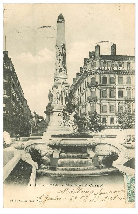 carte postale ancienne 69 LYON. Monument Carnot 1903. Contrexeville...