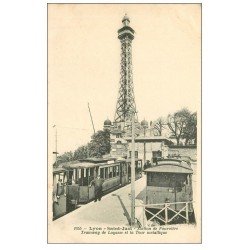 carte postale ancienne 69 LYON. Saint-Just. Tramway de Loyasse et Tour Métallique Station de Fourvière 1906