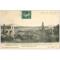 carte postale ancienne 72 BEAUMONT-SUR-SARTHE. Pont Suspendu 1907