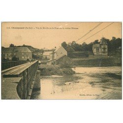 carte postale ancienne 72 CHAMPAGNE. Moulin et Pont sur Rivière Huisne 1931