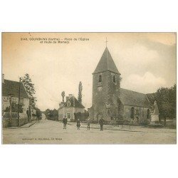 carte postale ancienne 72 COURGAINS. Place de l'Eglise Route de Mamers 1928 avec Garage