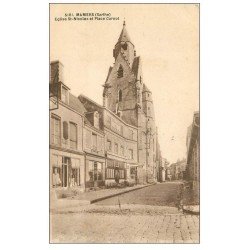 carte postale ancienne 72 MAMERS. Eglise Place Carnot et Café des Halles 1936