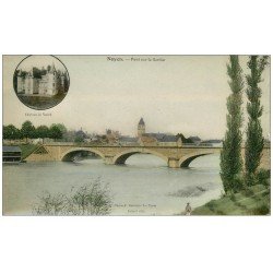 carte postale ancienne 72 NOYEN. Pont sur la Sarthe et Château Vadré 1915. Carte photo émaillographie