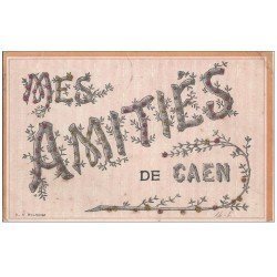 carte postale ancienne 14 CAEN. Mes amitiés 1908. Fantaisie écritures poudre dorée et colorées