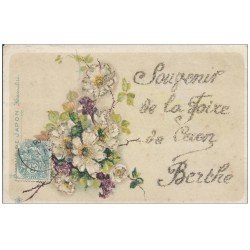 carte postale ancienne 14 CAEN. Souvenir de la Foire. Berthe 1906. Fantaisie Fleurs et écritures poudre dorée