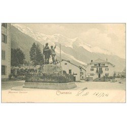 carte postale ancienne 74 CHAMONIX. Monument Saussure Hôtel de la Poste. Timbre 1 Centime 1903 et Tampn Grand Hôtel