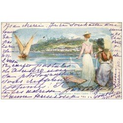 carte postale ancienne 74 EVIAN-LES-BAINS. Le départ en Bateau 1901. Collection Cachat