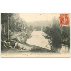 carte postale ancienne 14 CLECY. Ouvriers Terrassiers et les Rochers de la Cambronnerie 1915