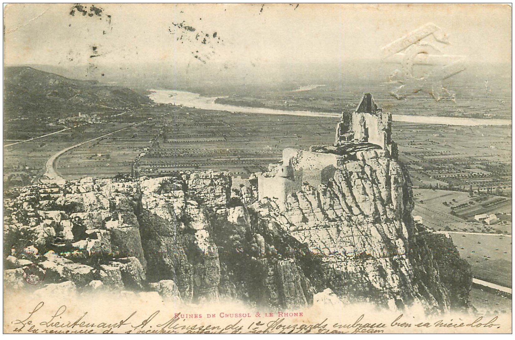 26 CHATEAU DE CRUSSOL 1901. Ruines et Rhône. Tampon en relief