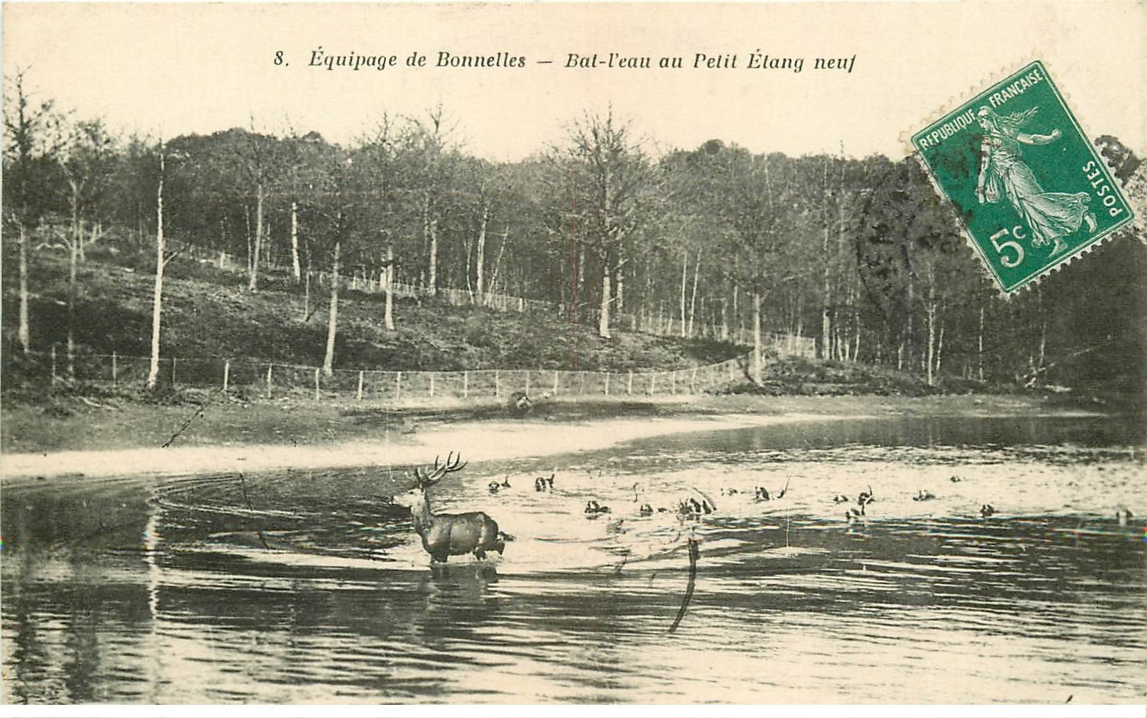 carte postale ancienne 78 BONNELLES. Equipage Chasse à courre. Bat-l'eau au Petit Etang neuf
