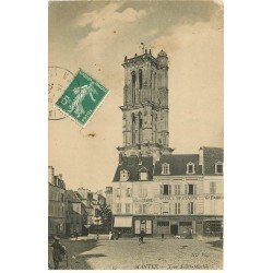 carte postale ancienne 78 MANTES. Tour Saint-Maclou vue 1908 Hôtel de Bretagne