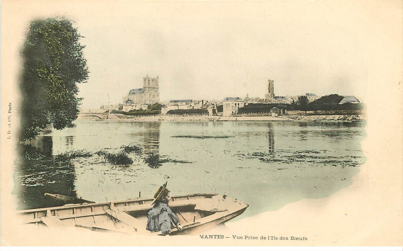 carte postale ancienne 78 MANTES. Enfant dans barque Ile des Boeufs vers 1900