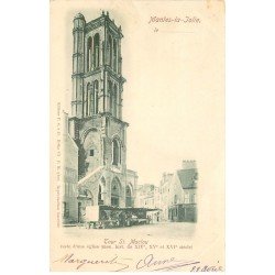 carte postale ancienne 78 MANTES-LA-JOLIE. Tour Saint-Maclou 1902 avec Marchands