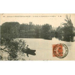 carte postale ancienne 78 MANTES-LA-JOLIE. Seine et Beffroi avec Pêcheur 1912