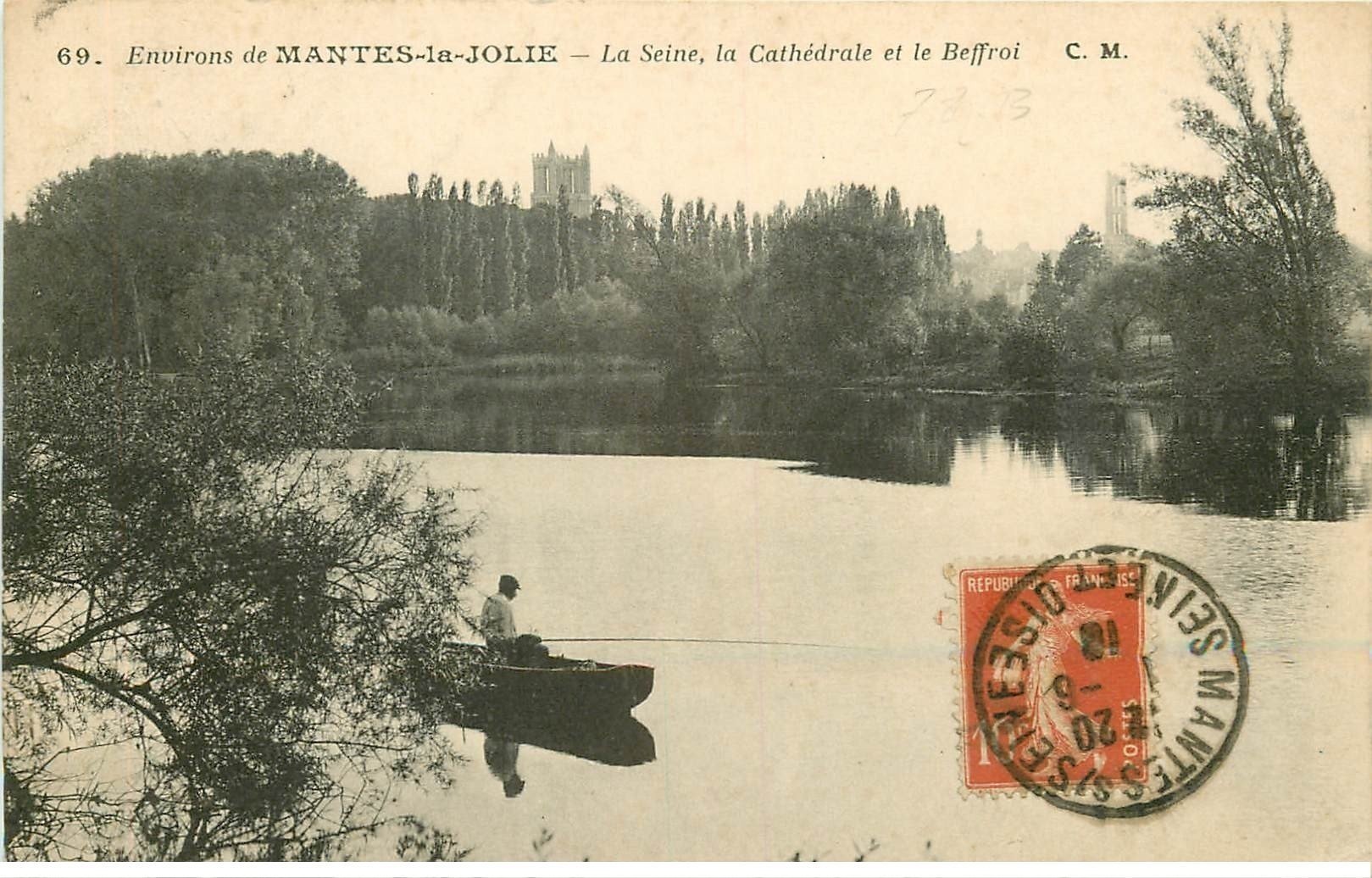 carte postale ancienne 78 MANTES-LA-JOLIE. Seine et Beffroi avec Pêcheur 1912