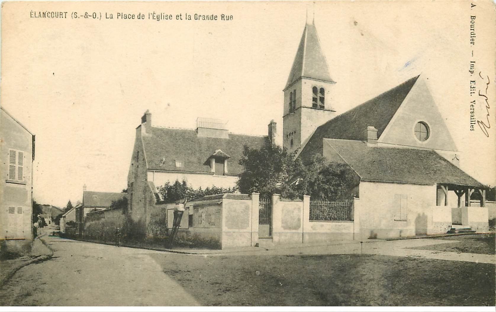 carte postale ancienne 78 ELANCOURT. Place de l'Eglise et Grande Rue 1904. Timbre manquant