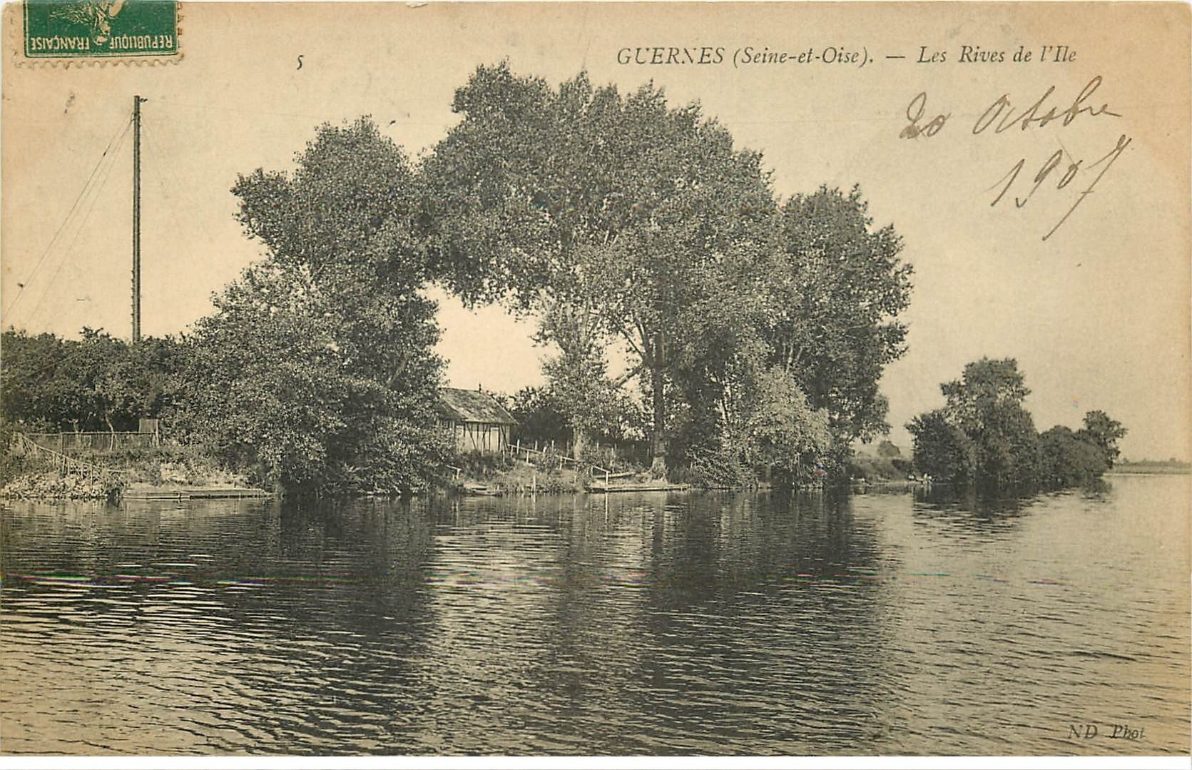 carte postale ancienne 78 GUERNES. Les Rives de l'Ile 1907