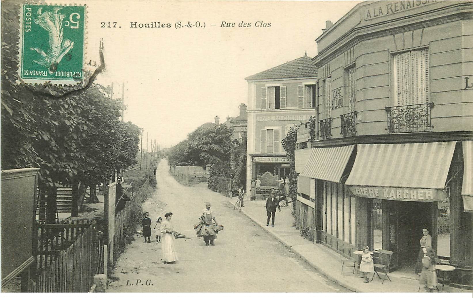 carte postale ancienne 78 HOUILLES. Rue des Clos 1916 Café à la Renaissance et Hôtel du Chemin de Fer