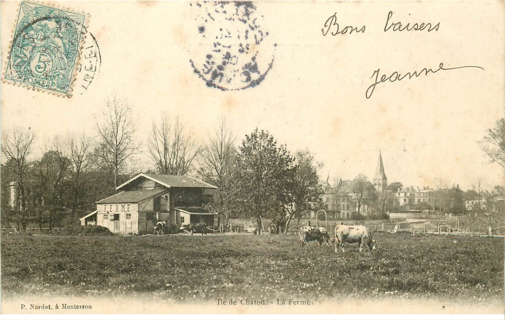 carte postale ancienne 78 CHATOU. La Ferme et Vaches 1905
