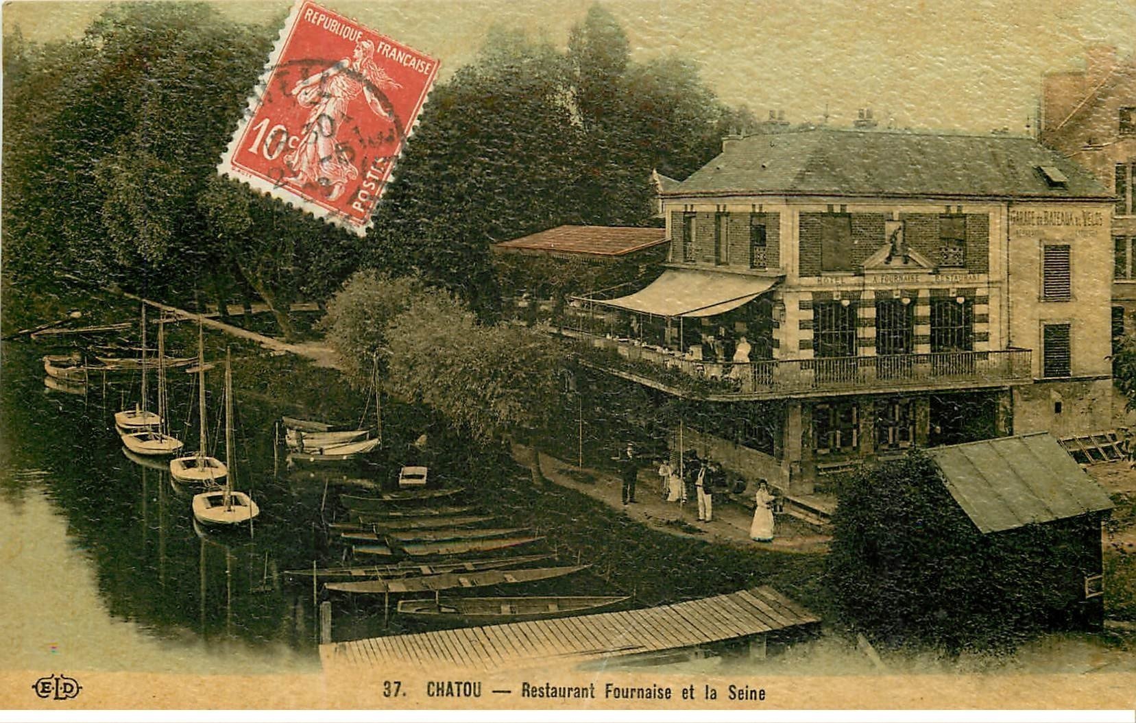 carte postale ancienne 78 CHATOU. Hôtel Restaurant Fournaise sur la Seine 1908. Carte de luxe ELD
