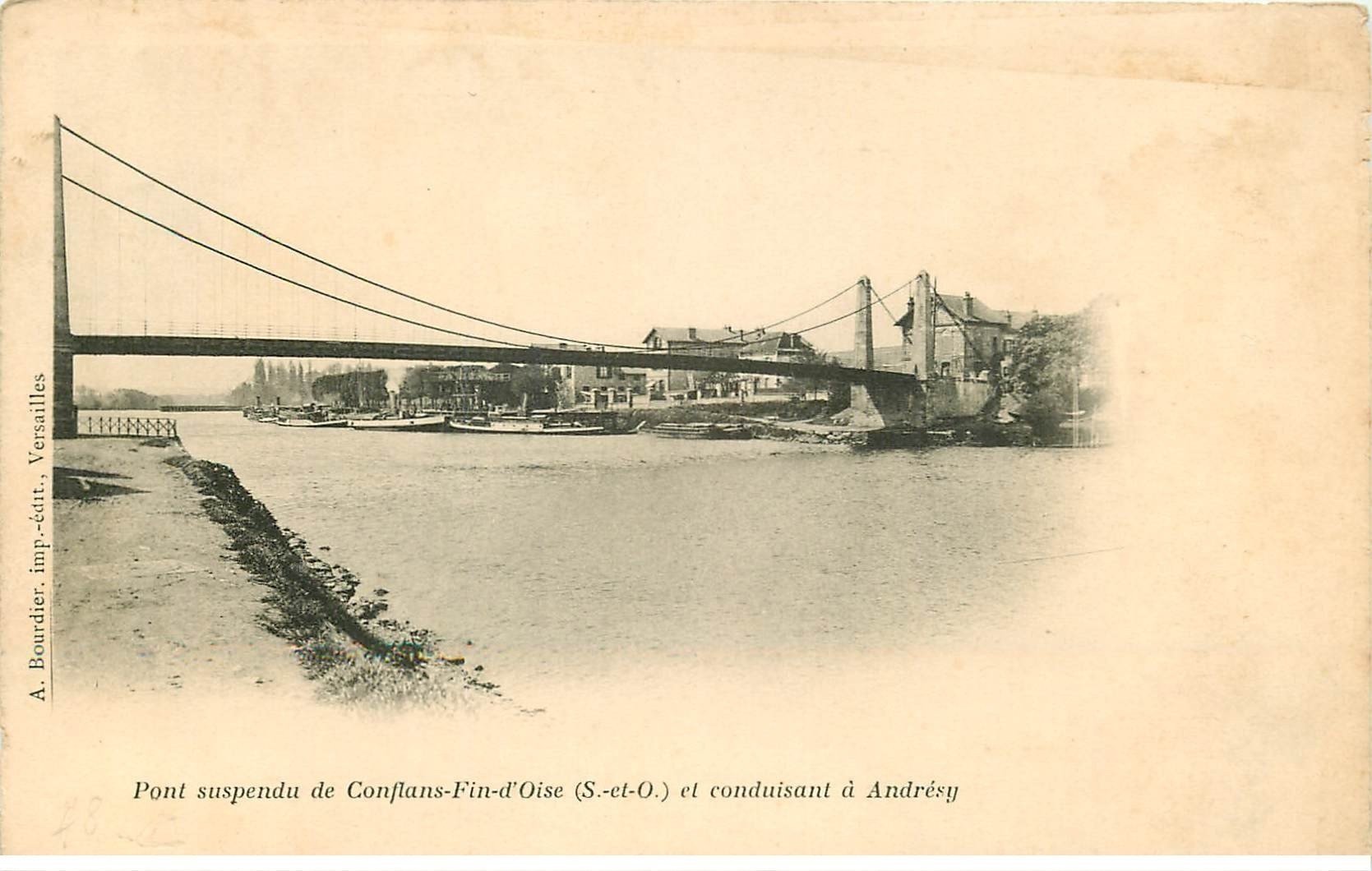 carte postale ancienne 78 CONFLANS-SAINTE-HONORINE. Pont suspendu vers Andrésy vers 1900. Carte molle aux coins...