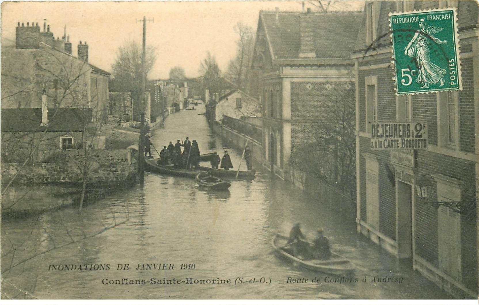 carte postale ancienne 78 CONFLANS-SAINTE-HONORINE. Inondations Route vers Andrésy 1910