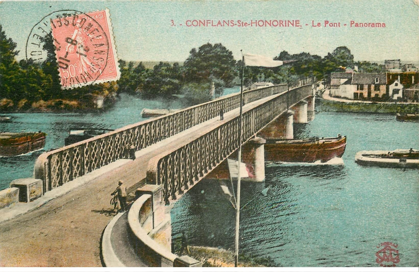 carte postale ancienne 78 CONFLANS-SAINTE-HONORINE. Le Pont 1927. Fines craquelures...