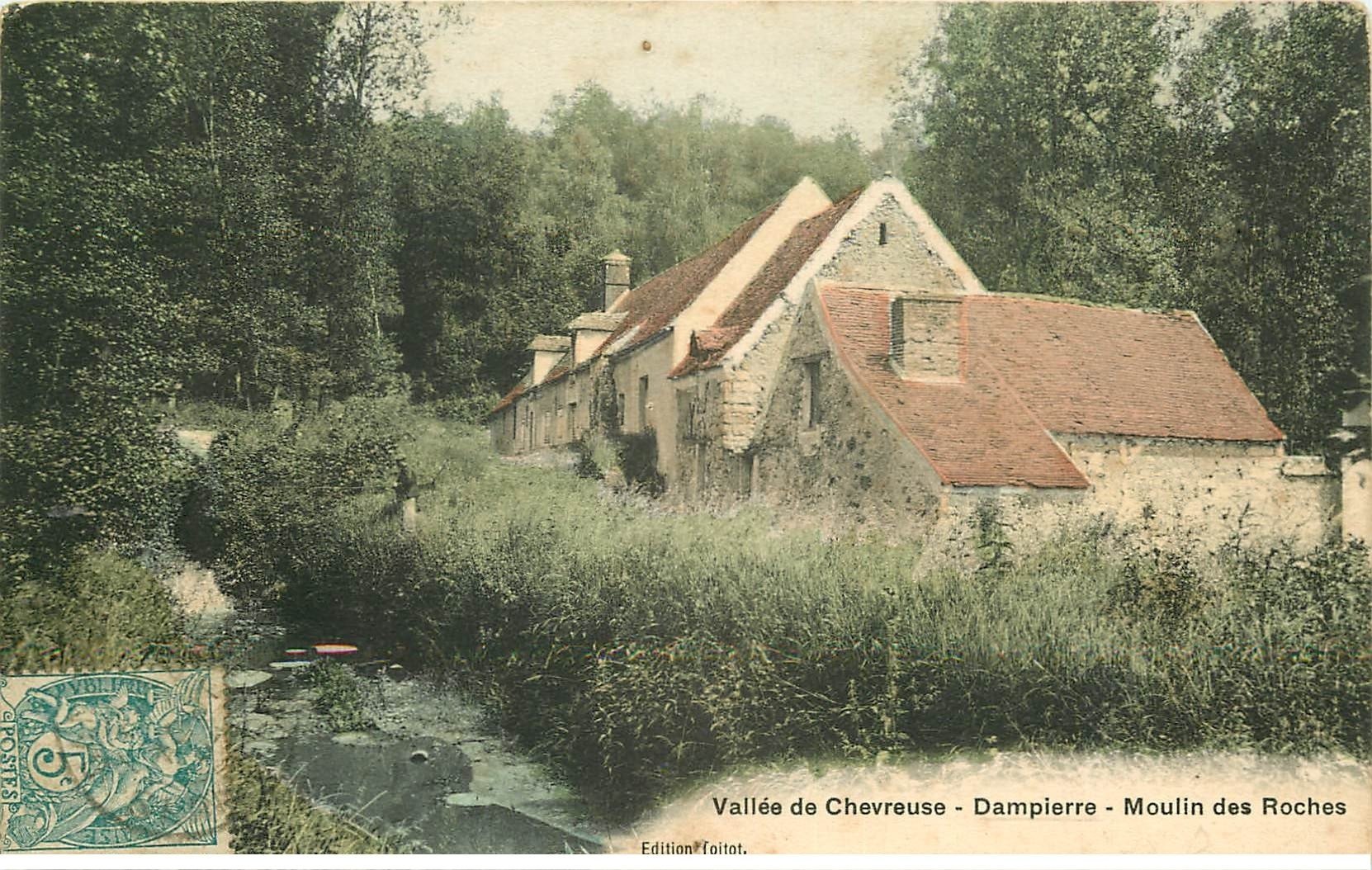 carte postale ancienne 78 DAMPIERRE. Pêcheur à la ligne Moulin des Roches 1904