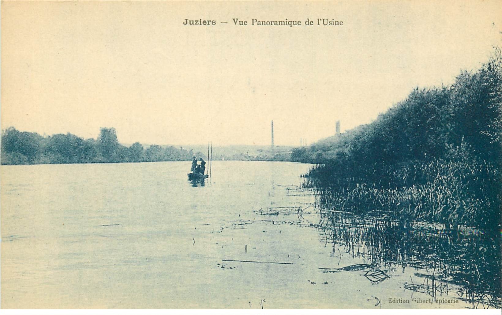 carte postale ancienne 78 JUZIERS. Vue de l'Usine et Pêcheurs sur barque