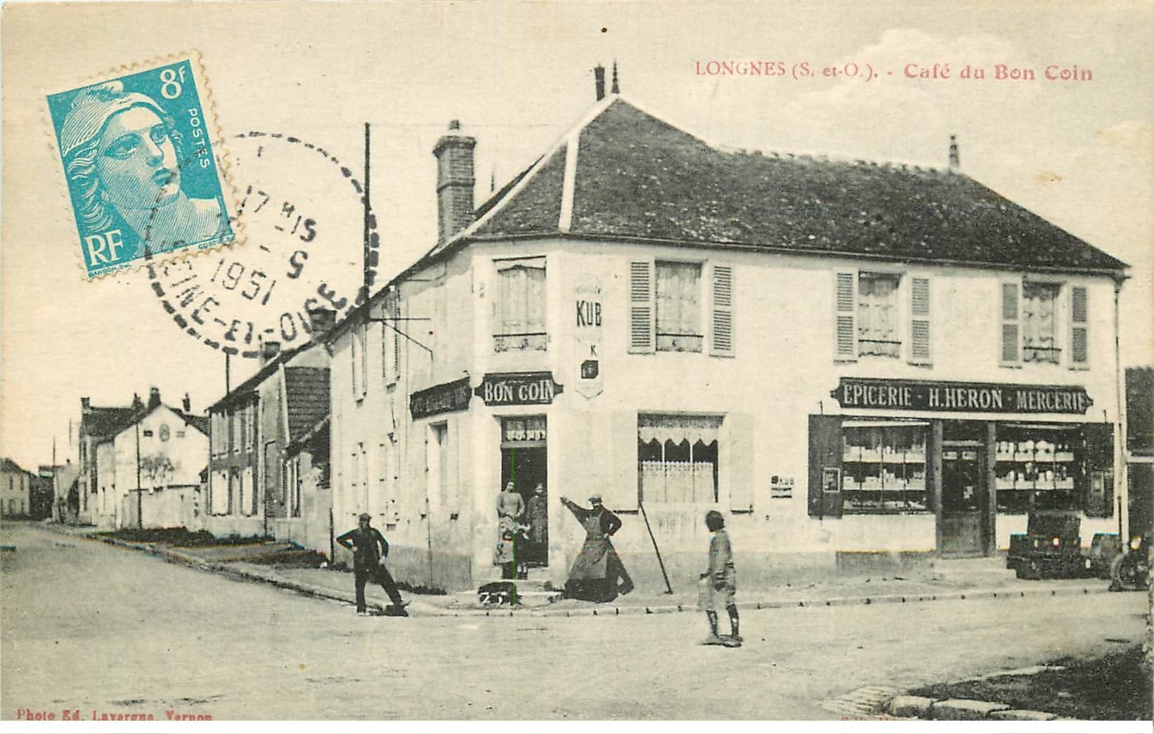 carte postale ancienne 78 LONGNES. Café du Bon Coin 1951 Epicerie Heron